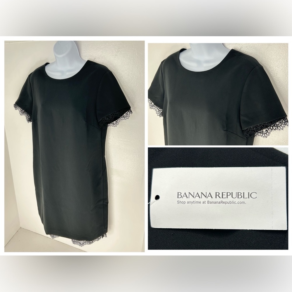 Banana Republic NWT Dress Black 10 Short Sleeve Eyelash Lace‎ Trim Sheath Career